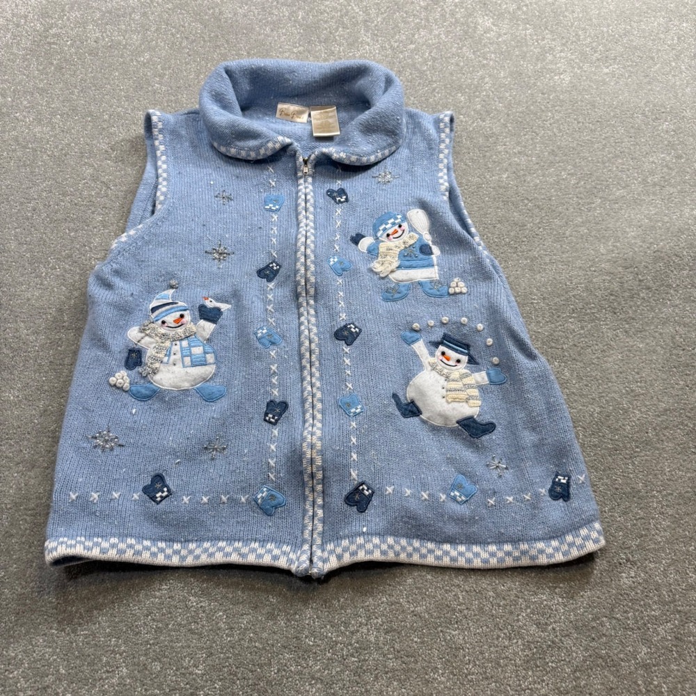 Vintage Bobbie Brooks Vest Angora Blend Blue Snowman‎ Knit Sweater Zip Front M/L - Picture 2 of 13